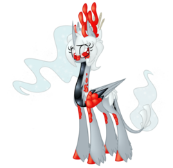 Size: 1399x1353 | Tagged: safe, artist:australian-senior, oc, oc only, oc:turret pony, alicorn, hybrid, kirin, pony, kirindos, alternate universe, antlers, colored hooves, colored sclera, kirin-ified, oracle turret, ponified, portal (valve), portal 2, red eyes, scales, simple background, solo, species swap, transparent background, turret, unshorn fetlocks