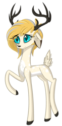 Size: 955x1946 | Tagged: safe, artist:australian-senior, oc, oc only, oc:juniper, deer, kirindos, alternate universe, antlers, cloven hooves, doe, halla, raised hoof, simple background, solo, transparent background