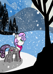 Size: 1500x2100 | Tagged: safe, artist:skyflys, sweetie belle, g4, clothes, cutie mark, female, scarf, snow, snowfall, solo, the cmc's cutie marks