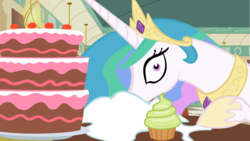 Size: 1281x720 | Tagged: safe, princess celestia, g4, the saddle row review, cake, cakelestia, cupcake, cute, diner, eating, food, interview, majestic as fuck, messy eating, stare, sugar (food), this will end in diabetes, this will end in weight gain