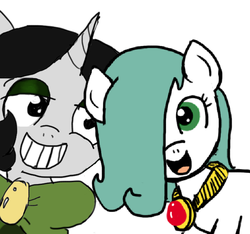 Size: 640x600 | Tagged: safe, artist:ficficponyfic, color edit, edit, edited edit, oc, oc only, oc:emerald jewel, oc:joyride, earth pony, pony, unicorn, colt quest, adult, amulet, bowtie, child, color, colored, colt, cute, eyeshadow, female, femboy, grin, happy, horn, makeup, male, mantle, mare, smiling, trap