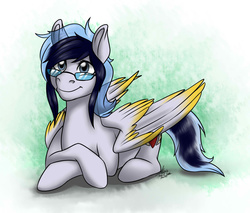 Size: 1280x1088 | Tagged: safe, artist:alexispaint, oc, oc only, oc:maychi, pegasus, pony, looking at you, lying, solo