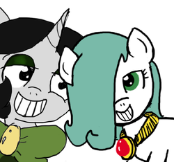 Size: 640x600 | Tagged: safe, artist:ficficponyfic, color edit, edit, edited edit, oc, oc only, oc:emerald jewel, oc:joyride, earth pony, pony, unicorn, colt quest, adult, amulet, bowtie, child, color, colored, colt, cute, eyeshadow, face of mercy, female, femboy, grin, hooker, horn, makeup, male, mantle, mare, pimp, prostitute, rapeface, smiling, trap