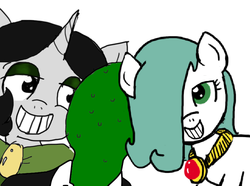 Size: 807x600 | Tagged: safe, artist:ficficponyfic, color edit, edit, edited edit, oc, oc only, oc:anon, oc:emerald jewel, oc:joyride, earth pony, pony, unicorn, colt quest, adult, amulet, bowtie, child, clothes, color, colored, colt, cute, eyeshadow, face of mercy, female, femboy, grin, horn, imminent rape, imminent sex, implied rape, makeup, male, mantle, mare, rapeface, smiling, suit, trap