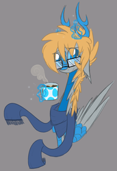 Size: 842x1234 | Tagged: safe, artist:australian-senior, kirin, kirindos, alternate universe, antlers, blue eyes, bust, clothes, colored sclera, food, glasses, gray background, hot chocolate, magic, mug, ponified, portal (valve), portal 2, scarf, simple background, wheatley