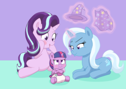 Size: 1248x883 | Tagged: safe, artist:artiecanvas, starlight glimmer, trixie, twilight sparkle, alicorn, pony, g4, age regression, baby, baby pony, counterparts, diaper, foal, levitation, magic, magical trio, poofy diaper, pouting, telekinesis, twilight sparkle (alicorn), twilight's counterparts