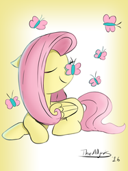 Size: 1280x1707 | Tagged: safe, artist:thealjavis, fluttershy, butterfly, g4, butterfly on nose, eyes closed, female, folded wings, gradient background, insect on nose, prone, solo
