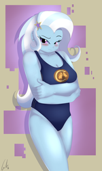 Size: 1500x2500 | Tagged: safe, artist:matimus91, trixie, equestria girls, g4, bare arms, blushing, breasts, busty trixie, clothes, commission, female, looking at you, one-piece swimsuit, sleeveless, solo, swimsuit, wondercolts swimsuit