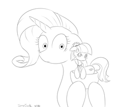 Size: 3050x2650 | Tagged: safe, artist:saw-buck, coco pommel, rarity, g4, cup, high res, micro, monochrome