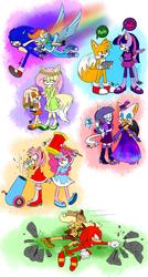 Size: 2370x4410 | Tagged: safe, artist:mysteryart716, applejack, fluttershy, pinkie pie, rainbow dash, rarity, twilight sparkle, bat, cat, coyote, echidna, fox, hedgehog, mobian, rabbit, anthro, plantigrade anthro, g4, amy rose, animal, bracelet, bunnified, bunny pie, clothes, cream the rabbit, cross-popping veins, crossover, cutie mark necklace, dress, evening gloves, eyes closed, female, floral head wreath, flower, gloves, hammer, hat, high heels, jewelry, kicking, knuckles the echidna, long gloves, male, mane six, miles "tails" prower, open mouth, party cannon, racing, rainbow trail, rock, rouge the bat, sewing needle, shoes, smiling, sonic the hedgehog, sonic the hedgehog (series), sonicified, species swap, startled, tablet, talking, thread, tongue out, vixen, wings