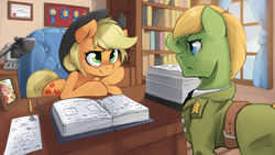 Size: 2400x1350 | Tagged: safe, artist:darksittich, apple bloom, applejack, big macintosh, oc, oc:applesnack, oc:steelhooves, earth pony, pony, fallout equestria, g4, binder, book, bookshelf, clothes, duo, family photo, fanfic art, looking at each other, male, ministry mares, office, paper, stallion, uniform