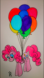 Size: 1080x1920 | Tagged: safe, artist:dawn-designs-art, pinkie pie, earth pony, pony, g4, balloon, female, floating, looking down, smiling, solo, then watch her balloons lift her up to the sky, traditional art