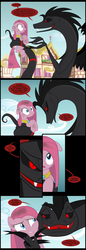 Size: 984x2848 | Tagged: safe, artist:culu-bluebeaver, pinkie pie, oc, oc:plague, earth pony, pony, comic:the six-winged serpent, g4, comic, oc villain, pinkamena diane pie, ponyville, red and black oc, show accurate