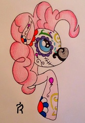 Size: 892x1288 | Tagged: safe, artist:dawn-designs-art, pinkie pie, g4, abstract, abstract art, candy skull, dada, death mask, female, modern art, solo, traditional art