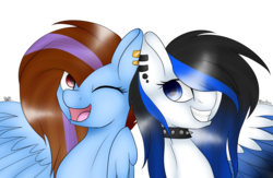 Size: 1658x1080 | Tagged: safe, artist:violineplayingpuppet, oc, oc only, pony, collar, duo, wink