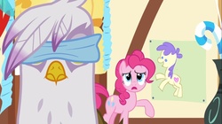 Size: 1100x618 | Tagged: safe, screencap, gilda, pinkie pie, griffon, g4, griffon the brush off, blindfold, pin the tail on the pony