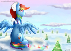 Size: 899x639 | Tagged: safe, artist:tonydashie22, rainbow dash, pony, g4, christmas tree, female, hat, santa hat, scenery, snow, solo, tree, winter