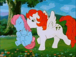 Size: 478x360 | Tagged: safe, screencap, baby cuddles, paradise, pegasus, pony, g1, my little pony 'n friends, the revolt of paradise estate, angry, animated, bad, duo, female, mare, unamused