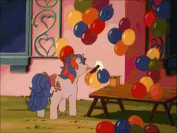 Size: 640x480 | Tagged: safe, screencap, buttons (g1), surprise, g1, my little pony 'n friends, somnambula (episode), angry, animated, balloon, balloon popping, female, frown, glare, hammer, mouth hold, nails, open mouth, sad, smiling, talking