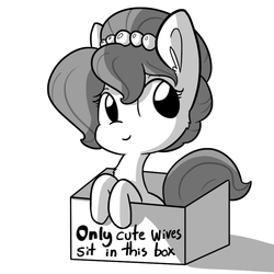 Size: 792x792 | Tagged: safe, artist:tjpones, oc, oc only, oc:brownie bun, pony, horse wife, box, cardboard box, cute, monochrome, ocbetes, pony in a box, simple background, smiling, solo, truth, white background
