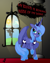 Size: 1936x2441 | Tagged: safe, artist:xscaralienx, princess luna, g4, angry, bullet for my valentine, ow the edge, s1 luna, song reference, sun, young, younger, your betrayal