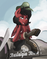 Size: 2064x2591 | Tagged: safe, artist:saxopi, oc, oc only, oc:nostalgia mare, pegasus, pony, boots, high res, lip bite, pinup, plane, red and black oc, solo