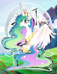 Size: 1024x1322 | Tagged: safe, artist:monsieurwilliam, princess celestia, g4, chest fluff, cute, cutelestia, female, fluffy, leaning, mouth hold, praise the sun, solo, spread wings, stars