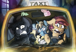 Size: 3926x2687 | Tagged: safe, artist:saxopi, oc, oc only, oc:hard boiled, oc:limerence, oc:sweet shine, oc:swift cuddles, fanfic:starlight over detrot: a noir tale, fanfic art, fimfiction, hat, high res, taxi, windshield