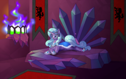 Size: 1024x646 | Tagged: safe, artist:twitchygears, idw, radiant hope, crystal pony, pony, unicorn, g4, the cutie re-mark, alternate timeline, bad end, cape, chestplate, clothes, crown, crystal empire, crystal war timeline, duchess hope, evil, evil radiant hope, female, helmet, jewelry, mask, necklace, queen, queen radiant hope, regalia, shoes, solo, tyrant radiant hope