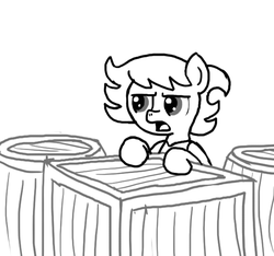 Size: 640x600 | Tagged: safe, artist:ficficponyfic, oc, oc only, oc:ruby rouge, earth pony, pony, colt quest, barrel, barrels, box, caught, child, disappointed, female, filly, foal, monochrome, story included, tomboy