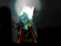 Size: 914x693 | Tagged: safe, oc, oc only, oc:eclipse penumbra, bat pony, anthro, fallout equestria, 20mm rifle, aiming, aiming at you, bandolier, clothes, green eyes, gun, looking at you, moon, night, pipbuck, rifle, scarf, scope, weapon