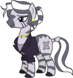 Size: 2757x2942 | Tagged: safe, artist:duskthebatpack, oc, oc only, oc:zuna, zebra, bedroom eyes, blazer, blouse, clothes, cutie mark, ear piercing, earring, female, high res, jewelry, mare, necklace, piercing, show accurate, simple background, solo, suit, transparent background, vector