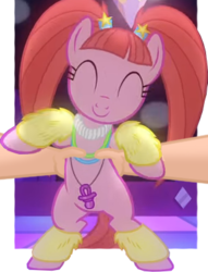 Size: 301x393 | Tagged: safe, edit, edited screencap, screencap, pacific glow, human, pony, g4, my little pony: friendship is magic, the saddle row review, breaking the fourth wall, cute, eyes closed, glowbetes, hand, holding a pony, image macro, meme, offscreen character