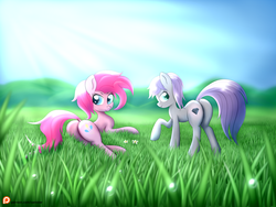 Size: 2500x1875 | Tagged: safe, artist:canister, maud pie, pinkie pie, earth pony, pony, g4, alternate hairstyle, butt, female, grass, lying down, mare, on side, patreon, patreon logo, plot, siblings, sisters, wrong cutie mark