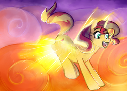 Size: 1400x1000 | Tagged: safe, artist:ryuredwings, sunset shimmer, pony, unicorn, g4, artificial wings, augmented, female, flying, glowing horn, horn, magic, magic wings, solo, wings