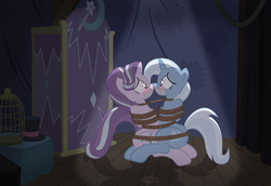 Size: 1024x703 | Tagged: safe, alternate version, artist:radiantrealm, starlight glimmer, trixie, pony, unicorn, g4, blushing, bondage, bound together, commission, female, gag, help us, mare, rope, rope bondage, show accurate, show accurate porn, tape gag, the weak and powerless trixie, tied up