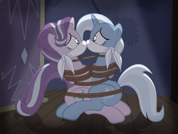 Size: 1024x776 | Tagged: safe, alternate version, artist:radiantrealm, starlight glimmer, trixie, pony, unicorn, g4, blushing, bondage, bound together, cloth gag, commission, female, gag, help us, lesbian, mare, missionary position, over the nose gag, rope, rope bondage, ship:startrix, shipping, show accurate, the weak and powerless trixie, tied up