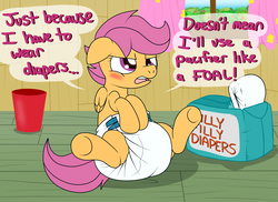 Size: 2200x1600 | Tagged: safe, artist:fillyscoots42, scootaloo, ask crinkleloo, g4, blushing, clubhouse, crusaders clubhouse, diaper, diaper fetish, diaper package, diapered, female, fetish, mare, non-baby in diaper, poofy diaper, silly filly diaper, solo, spread legs, treehouse, tumblr, white diaper