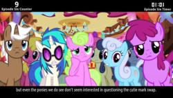 Size: 640x360 | Tagged: safe, edit, edited screencap, screencap, berry punch, berryshine, blues, bon bon, cherry berry, daisy, dj pon-3, flower wishes, linky, mochaccino, noteworthy, rare find, shoeshine, sweetie drops, vinyl scratch, earth pony, pony, unicorn, cinemare sins, g4, magical mystery cure, season 3, bored, female, letterboxing, male, mare, stallion