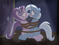 Size: 1024x776 | Tagged: safe, alternate version, artist:radiantrealm, starlight glimmer, trixie, pony, unicorn, g4, blushing, bondage, bound together, commission, female, gag, help us, lesbian, mare, missionary position, rope, rope bondage, ship:startrix, shipping, show accurate, show accurate porn, tape, tape gag, the weak and powerless trixie, tied up