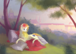 Size: 1280x906 | Tagged: safe, artist:wolfiedrawie, oc, oc only, oc:miss libussa, pony, unicorn, female, lidded eyes, lying down, mare, on side, pillow, scenery, solo, tree, under the tree