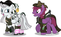 Size: 3313x2032 | Tagged: safe, artist:vector-brony, oc, oc only, oc:crystal eclair, oc:tooty fruity, oc:xian, hybrid, pegasus, pony, zebra, fallout equestria, fallout equestria: influx, battle saddle, blank flank, clothes, coat, cowboy hat, dashite, energy weapon, fanfic, fanfic art, female, foal, group, gun, hat, high res, hooves, layered armour, magical energy weapon, male, mare, open mouth, parent:crystal eclair, parent:tooty fruity, parents:tootyeclair, pipbuck, plasma rifle, simple background, smiling, stallion, terminator, tootyeclair, transparent background, vector, weapon, wings