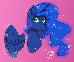Size: 5100x4300 | Tagged: safe, artist:ivinity-art, princess luna, alicorn, pony, g4, absurd resolution, bust, ear fluff, female, floating wings, looking at you, mare, portrait, smiling, solo, sparkles, spread wings, three quarter view, wings