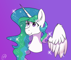 Size: 6000x5100 | Tagged: safe, artist:ivinity-art, princess celestia, alicorn, pony, g4, absurd resolution, bust, ear fluff, female, floating wings, gradient background, mare, portrait, smiling, solo, sparkles, spread wings, three quarter view, wings