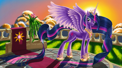 Size: 2560x1440 | Tagged: safe, artist:rockmedved, twilight sparkle, alicorn, pony, g4, balcony, female, older, solo, spread wings, sunrise, twilight sparkle (alicorn)