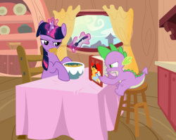 Size: 3782x3007 | Tagged: dead source, safe, artist:multiversecafe, spike, twilight sparkle, dragon, unicorn, g4, book, bowl, chair, curtains, duo, duo male and female, fanfic, fanfic art, female, fork, horn, levitation, magic, male, mare, reading, sitting, stool, table, tablecloth, telekinesis, unicorn twilight, unimpressed, window