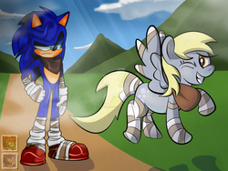 Size: 1600x1200 | Tagged: safe, artist:5catsonebowl, artist:iamthemanwithglasses, derpy hooves, pegasus, pony, g4, collaboration, crossover, female, male, mare, sega, sonic boom, sonic the hedgehog, sonic the hedgehog (series), watermark