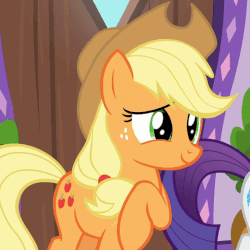 Size: 507x507 | Tagged: safe, screencap, applejack, rarity, applejack's "day" off, g4, animated, female, laughing, raised hoof, solo focus