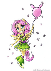 Size: 569x800 | Tagged: safe, artist:ryoko-demon, fluttershy, equestria girls, g4, balloon, clothes, dress, female, ponied up, solo, traditional art