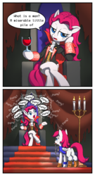 Size: 1403x2604 | Tagged: safe, artist:yoksven, oc, oc:phoe, pony, butt, candle, candlestick, castlevania, castlevania: rondo of blood, castlevania: symphony of the night, clothes, comic, crossover, dialogue, dracula, female, glass, inside joke, mare, mouth hold, not blood, plot, richter belmont, sitting, throne, what is a man, whip
